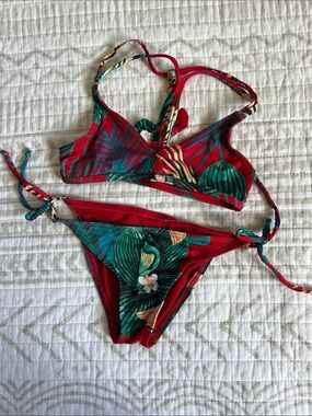 Roxy Red Tropical Leaf Print Bikini Set